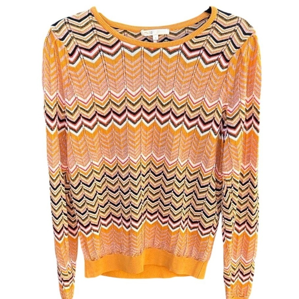 Maje Macha Geo-pattern Vibrant Chevron Crew Neck Sweater Orange M‎ L